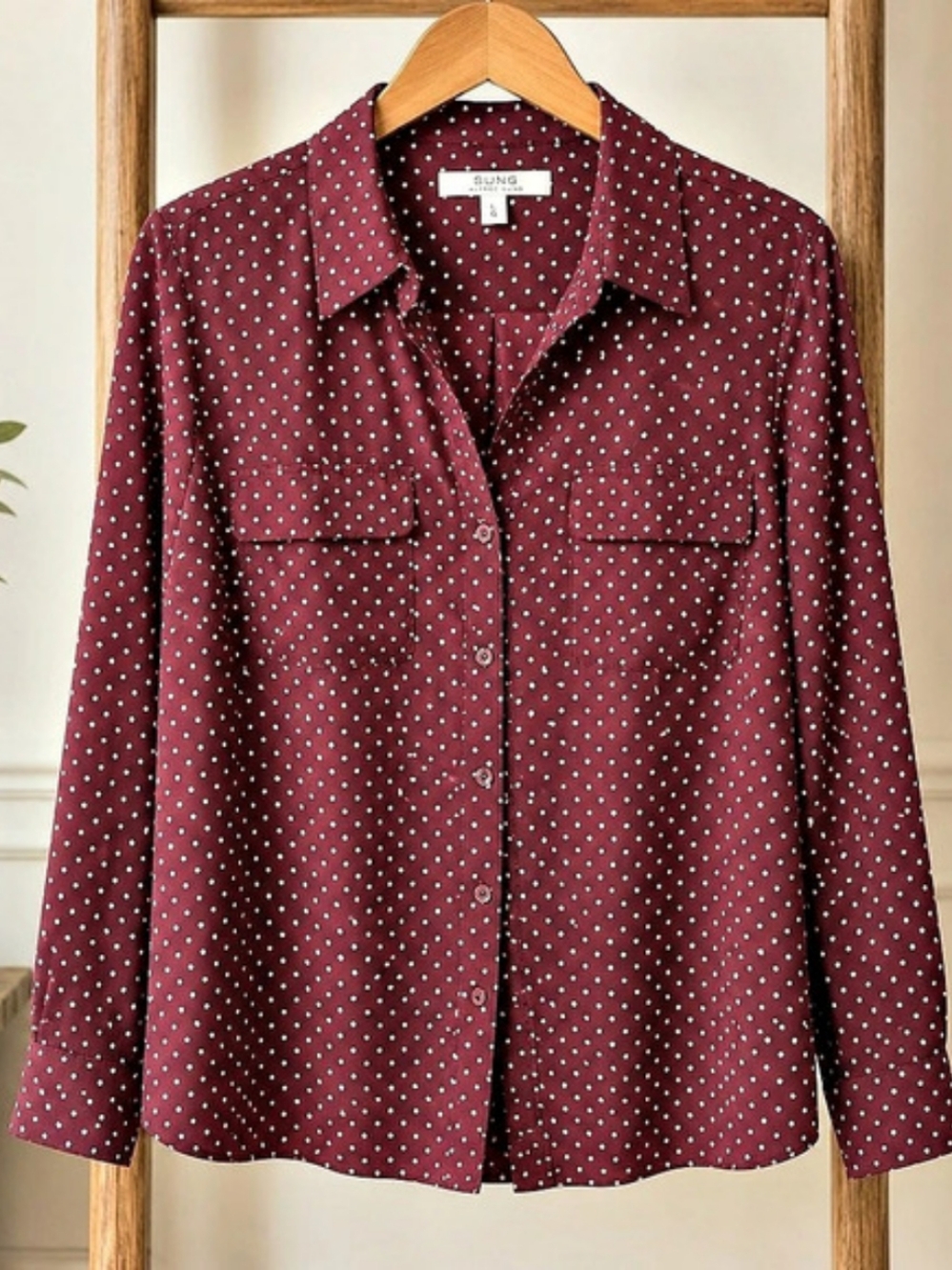 SUNG Alfred Sung Burgundy Polka Dot Button Blouse L 22" PTP